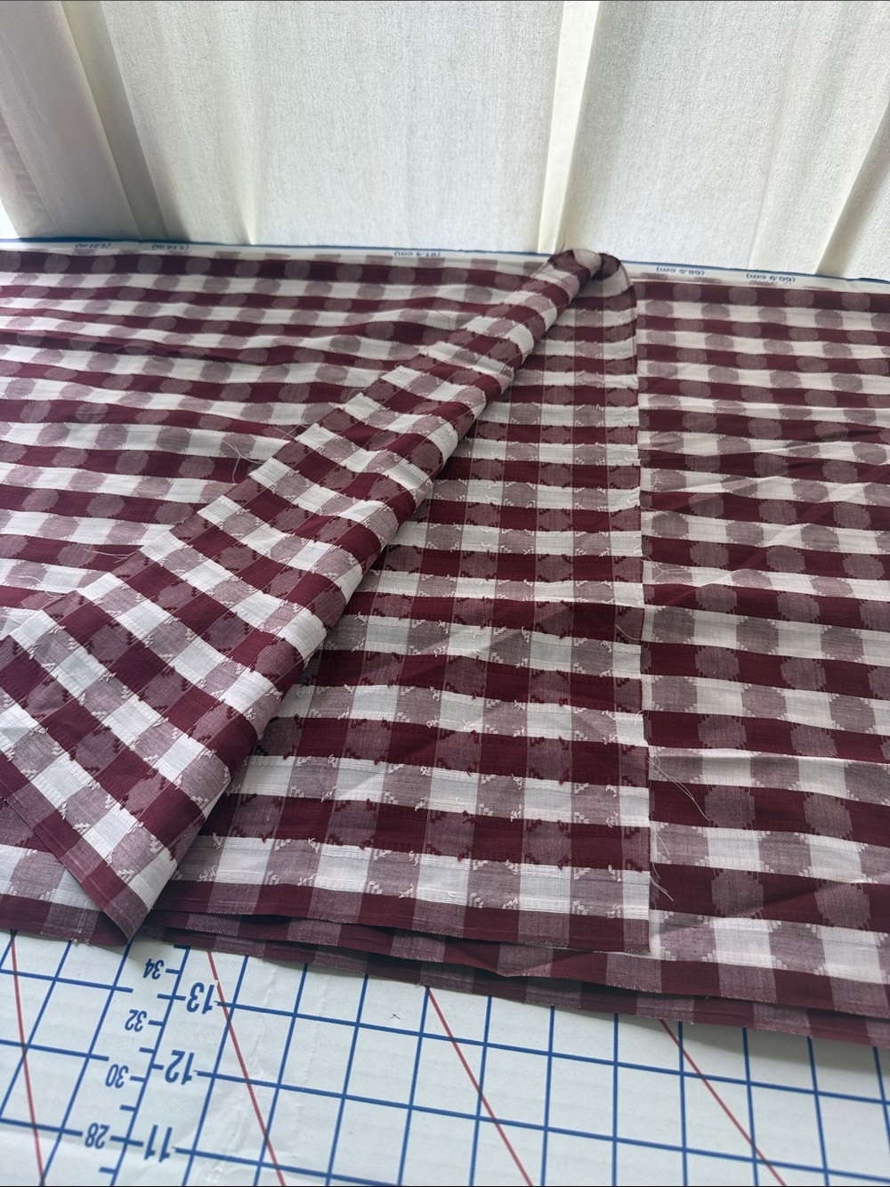 Vintage 60s 70s Burgundy Ivory Woven Check Fabric 5 Yards x 44” - Picture 9 of 13